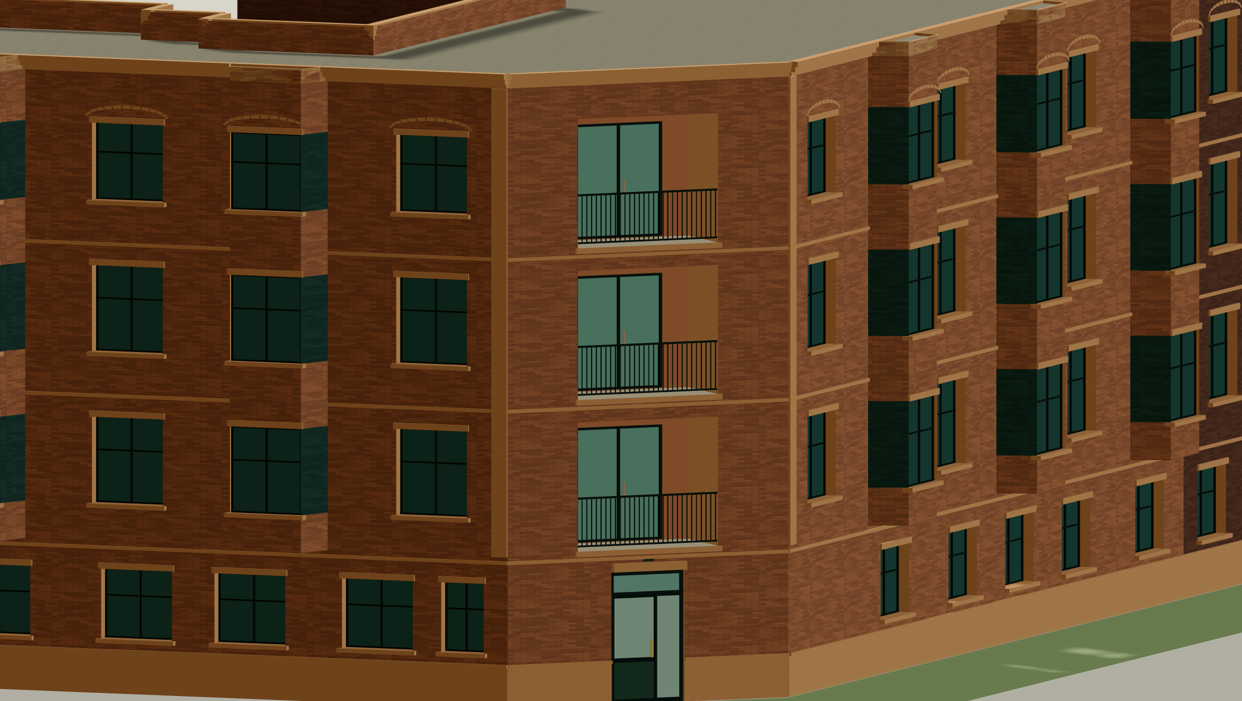 Preceding F8 facade with horizontal bands, unframed bay side glazing and clipped entrance framing