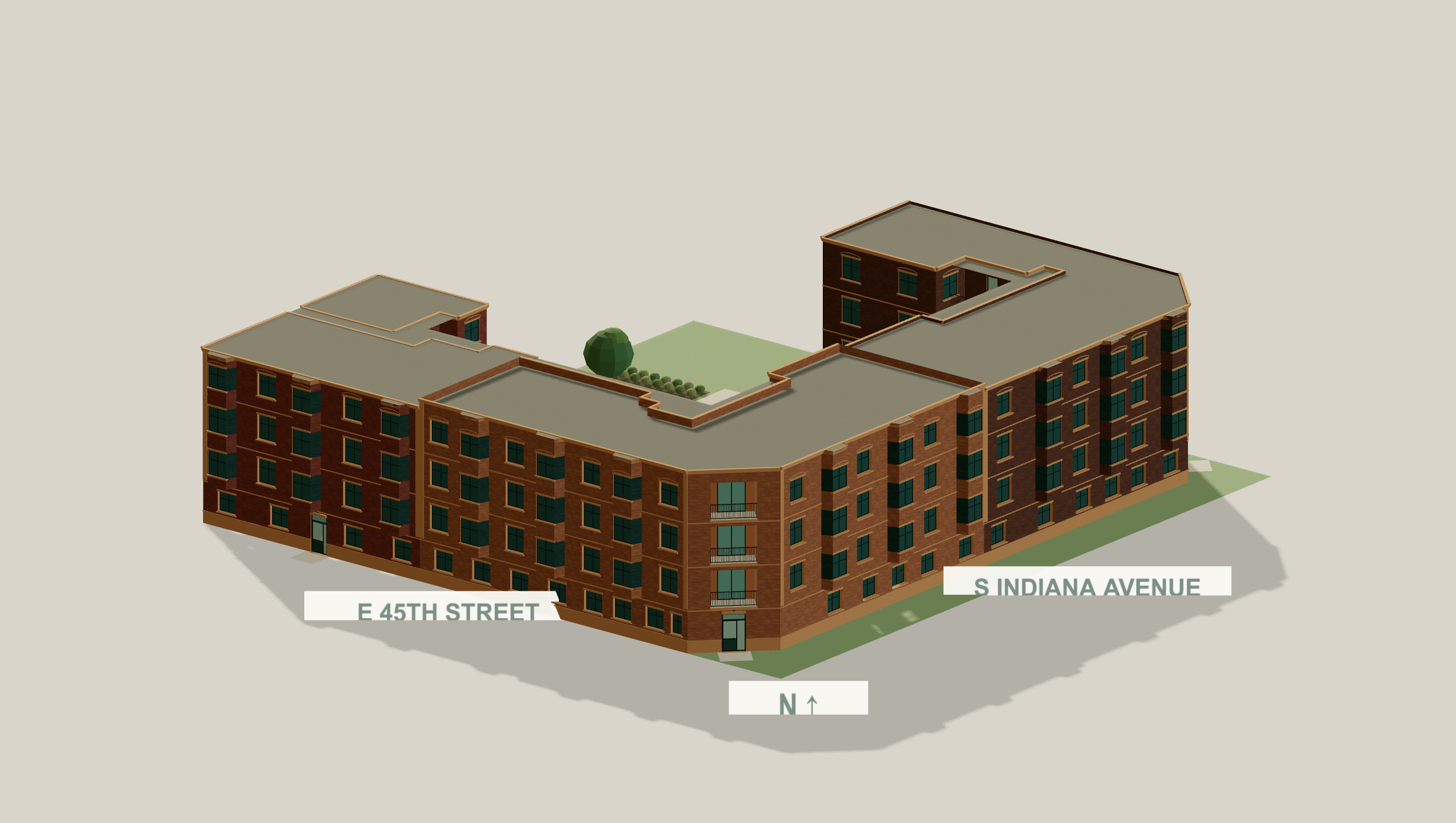 F8 street view with recessed chamfer loggias and alternating bay and flat windows