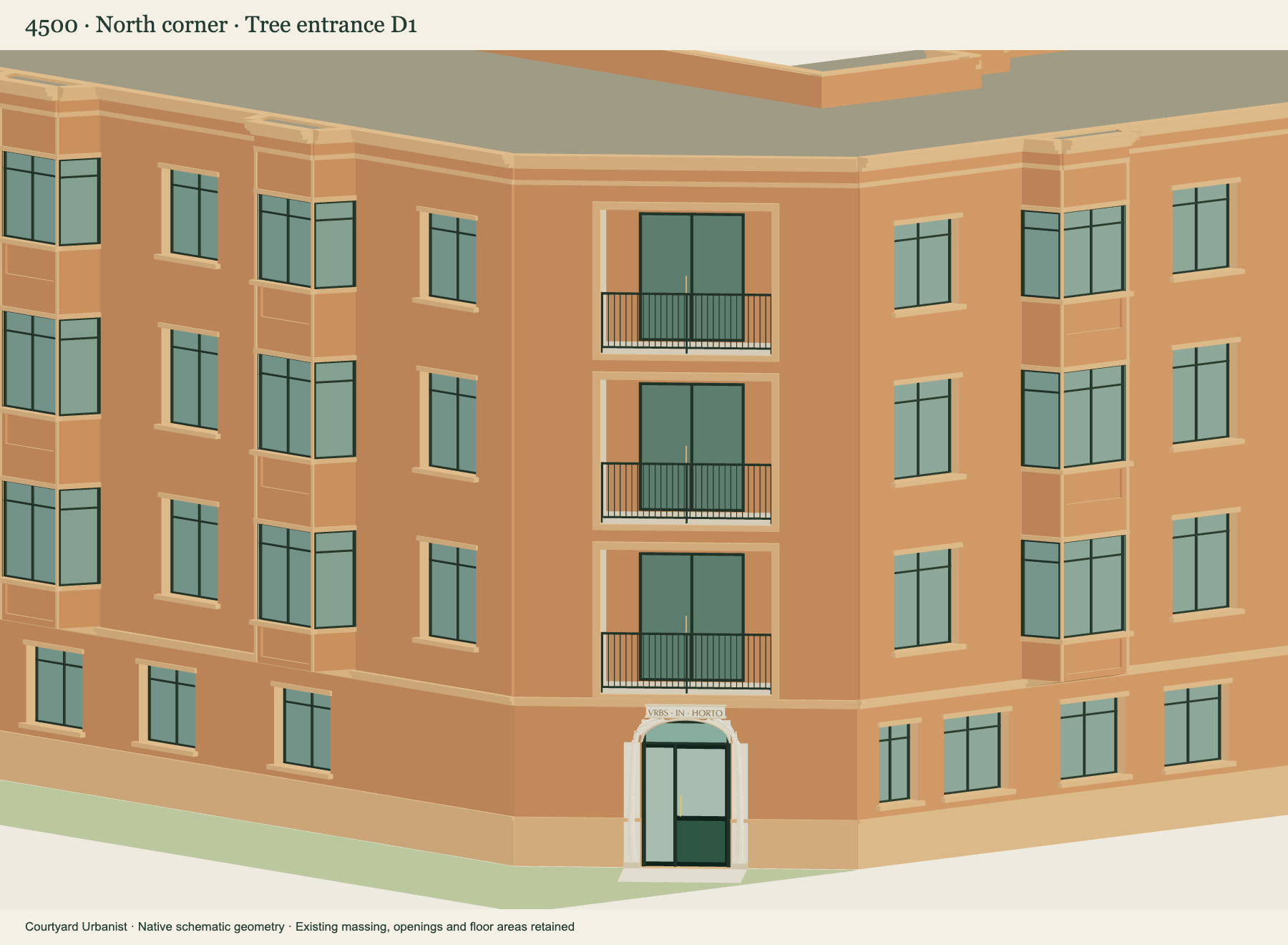 F9 detail showing bay frames, deep flat windows, entrance portal and recessed corner loggias
