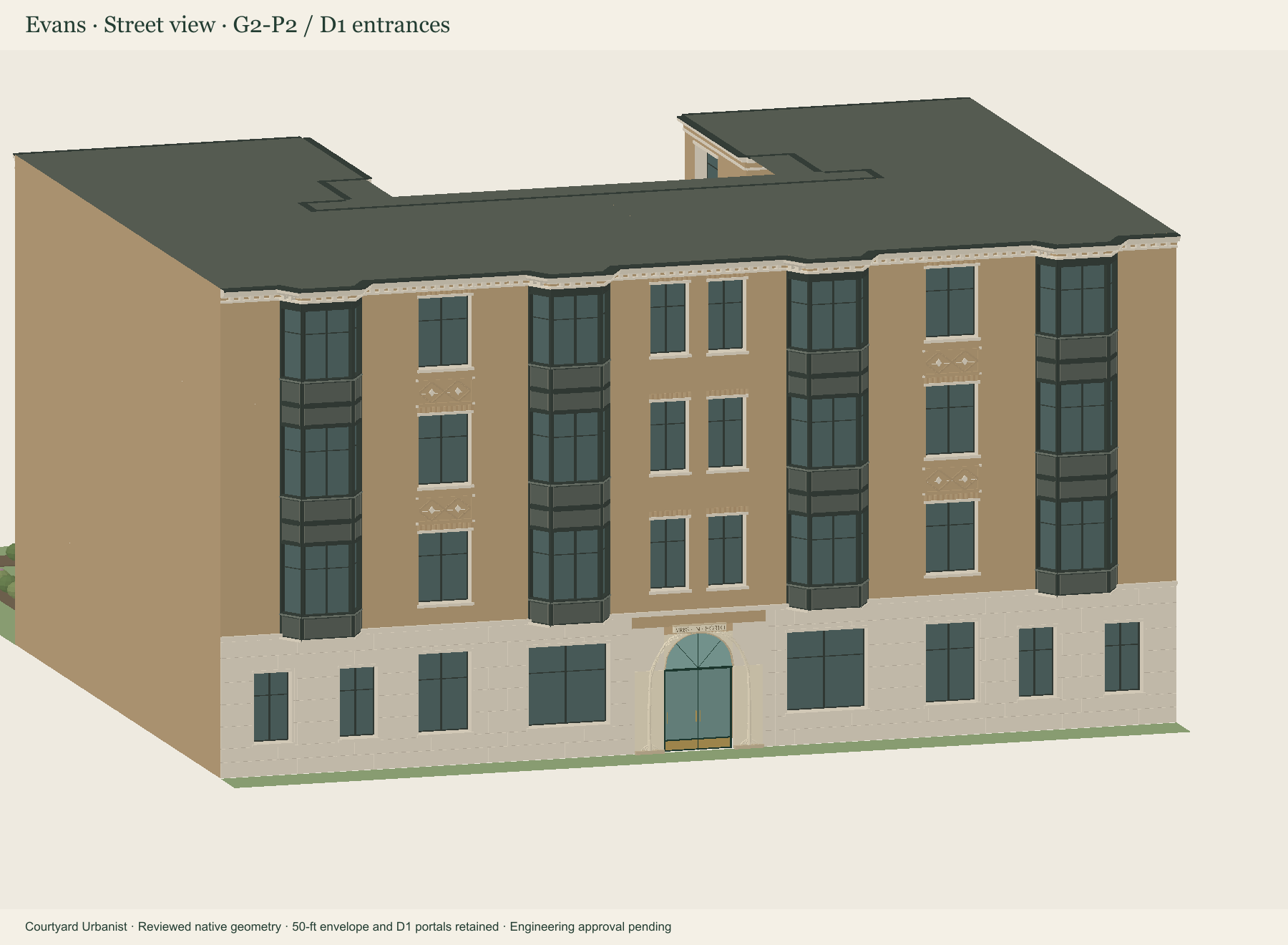 Current Evans G2-P2 street model with revised ground-floor windows and retained tree portal